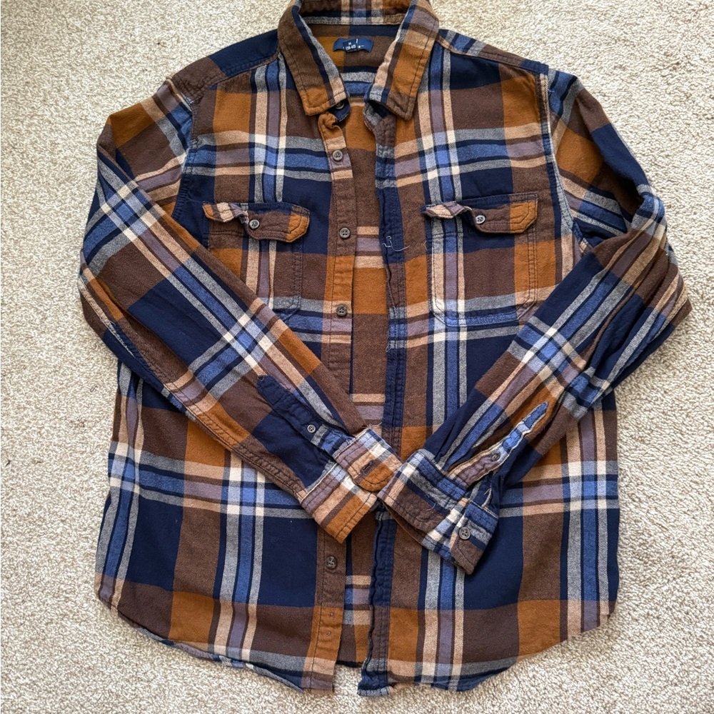 Men's Plaid Button-Up Shirt - Navy & Brown